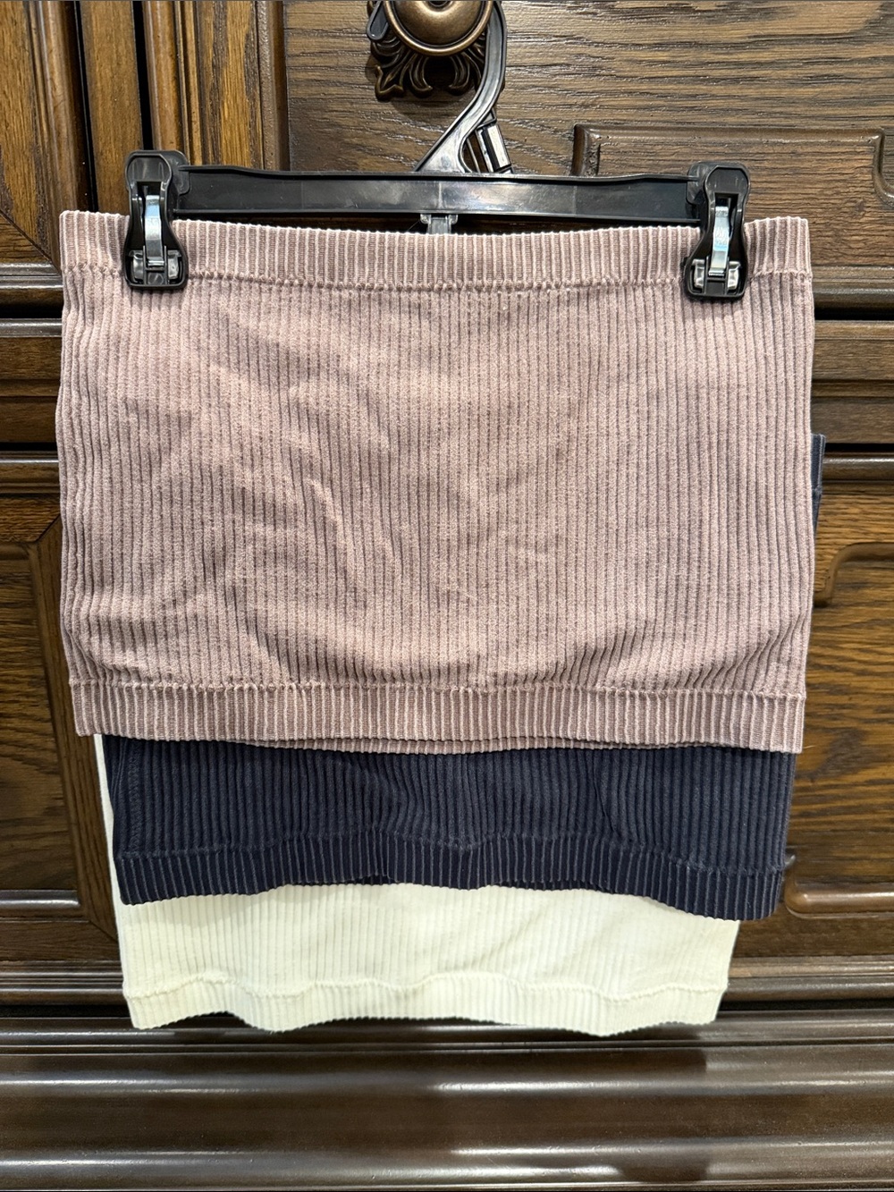 Ribbed Strapless Crop Top set of 3 in Dusty Brown, Dark Gray, & Cream. Size S/M